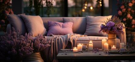 ai gegenereerd een buitenshuis tafereel met kaarsen en bloemen Aan een sofa foto