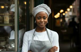 ai gegenereerd een vrouw chef poseren buiten een restaurant foto