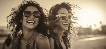 ai gegenereerd twee meisjes in zonnebril zijn glimlachen in de achtergrond foto