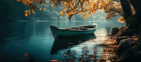 ai gegenereerd een houten boot is aangemeerd De volgende naar een meer met groen bladeren foto
