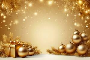 ai gegenereerd realistisch vrolijk Kerstmis en gelukkig nieuw jaar viering achtergrond met bollen, noël, geboorte, klatergoud, geschenk doos, winter seizoen foto