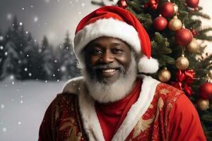ai gegenereerd Amerikaans de kerstman claus zwart afro de kerstman in wit sneeuw landschap gelukkig glimlachen portret vrolijk foto