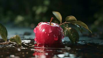 ai gegenereerd een rood appel zittend in water met bladeren foto