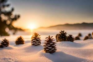 ai gegenereerd drie pijnboom kegels met kaarsen in de sneeuw foto