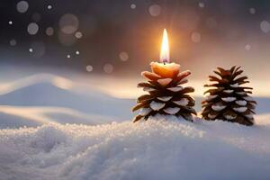 ai gegenereerd twee kaarsen zijn lit in de sneeuw met pijnboom kegels foto