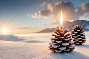 ai gegenereerd drie pijnboom kegels met kaarsen in de sneeuw foto