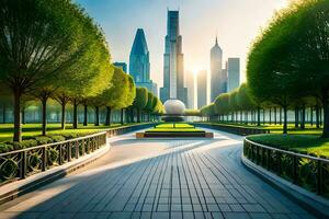 ai gegenereerd een stadsgezicht met een park en een loopbrug foto