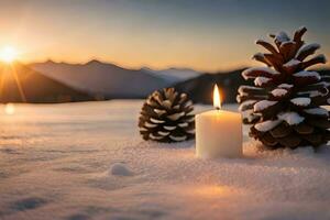 ai gegenereerd drie pijnboom kegels met kaarsen in de sneeuw foto