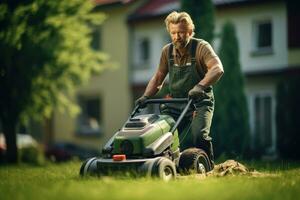 ai gegenereerd tuinman gras maaien gras met gazon maaier in de tuin, een Mens maait de gras Aan de gazon Bij huis met een gazon maaier, ai gegenereerd foto