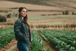 ai gegenereerd Amerikaans velden van genade portretten van vrouw boeren foto