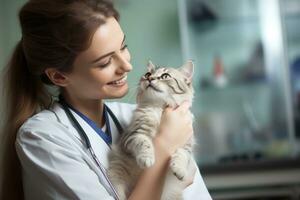 ai gegenereerd mooi jong dierenarts met schattig kat in kliniek. huisdier zorg concept, een mooi vrouw dierenarts verpleegster dokter onderzoeken een schattig gelukkig kat, ai gegenereerd foto