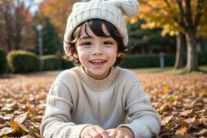 ai gegenereerd een schattig jong jongen gekleed in aanbiddelijk herfst kleren, digitaal kunst illustratie, generatief ai foto