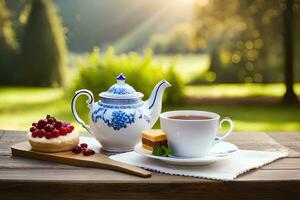 ai gegenereerd een blauw en wit China theepot en een kop van thee Aan een houten tafel in. ai-gegenereerd foto