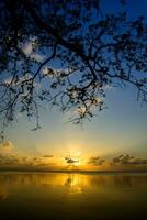 zonsondergang lucht en silhouetten boom Aan de meer Bij zuiden van Thailand. foto