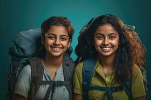 ai gegenereerd twee jong Dames glimlachen en poseren met hun rugzakken, presentatie van hun enthousiasme voor een reis of buitenshuis werkzaamheid. foto