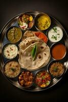 ai gegenereerd een aanlokkelijk assortiment van Indisch voedingsmiddelen geregeld Aan een zilver dienblad foto