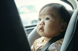 ai gegenereerd baby zittend in veiligheid terug auto stoel. genereren ai foto