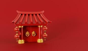 3d geven van Chinese poort met lantaarns voor gelukkig Chinese nieuw jaar 2024 Aan rood achtergrond. foto
