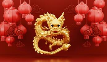 3d geven van gouden draak met lantaarns voor gelukkig Chinese nieuw jaar 2024 Aan rood achtergrond. foto