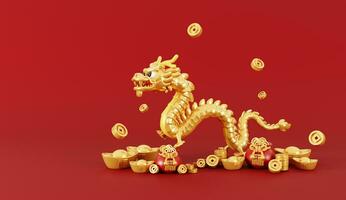 3d geven van Chinese draak met geld tas, munten en blokken voor gelukkig Chinese nieuw jaar 2024 Aan rood achtergrond. foto