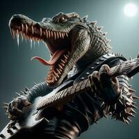 illustratie van een krokodil spelen gitaar, het zingen steen, gegenereerd door ai foto