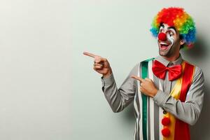 een clown points naar een leeg Oppervlakte, een sjabloon of mockup voor reclame. ai gegenereerd foto