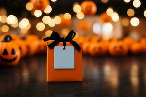 ai gegenereerd halloween geschenk doos met blanco prijs label Aan bokeh achtergrond foto