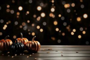 ai gegenereerd halloween achtergrond met pompoenen Aan houten tafel en bokeh lichten foto