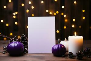 ai gegenereerd blanco kaart met Kerstmis decoratie Aan houten tafel tegen wazig lichten foto