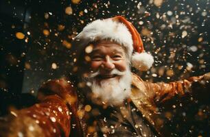 ai gegenereerd detailopname portret van een vrolijk de kerstman claus in een rood kap. foto