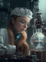 ai gegenereerd aantrekkelijk blond wetenschapper werken in laboratorium. wetenschap, chemie en technologie. foto
