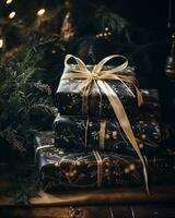 ai gegenereerd Kerstmis geschenk dozen met gouden linten Aan achtergrond van bokeh lichten foto