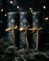 ai gegenereerd Kerstmis geschenk dozen met gouden linten Aan achtergrond van bokeh lichten foto