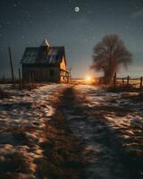 ai gegenereerd oud houten huis in winter Bij nacht met maan en sterren Aan de lucht foto