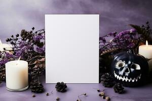 ai gegenereerd halloween bespotten omhoog met blanco vel van papier, pompoen en kaarsen Aan Purper achtergrond foto