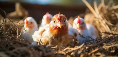 ai gegenereerd kippen in een boerderij met meerdere eieren binnen foto