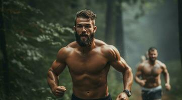 ai gegenereerd mannen rennen met baard en de gebaard Mens foto