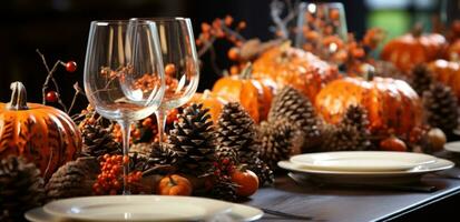 ai gegenereerd de tafel is reeks met meerdere oranje pompoenen, dennenappels en pijnboom kegels foto