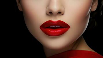 ai gegenereerd een detailopname van een vrouw gezicht met perfect toegepast rood lippenstift. foto