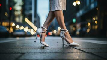 ai gegenereerd een vrouw voeten in strappy hoog hakken, staand Aan een trottoir foto