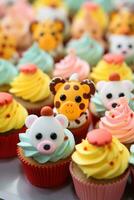 ai gegenereerd een detailopname van schattig diervormig cupcakes versierd in levendig kleuren foto