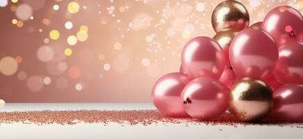 ai gegenereerd roze ballonnen, goud presenteert, en goud cadeaus foto