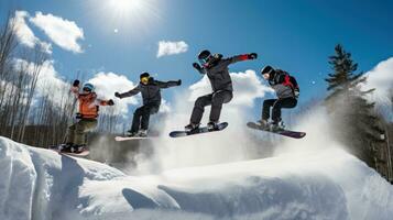 ai gegenereerd snowboarders vangen lucht uit een groot springen, met sneeuw sproeien achter hen foto