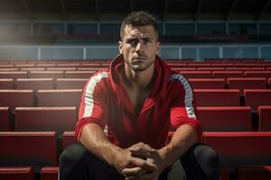 ai gegenereerd een atleet Mens zittend Aan een stadion bank foto