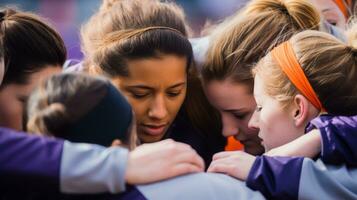 ai gegenereerd de vrouw Amerikaans voetbal team verzamelt voor een kruipen foto