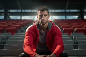 ai gegenereerd de rust van een atleet Mens zittend Aan een stadion bank foto