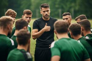 ai gegenereerd de strategisch planning en coaching expertise net zo de hoofd trainer Leidt een groep van spelers foto