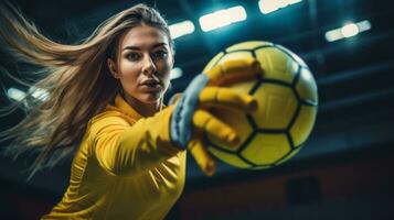 ai gegenereerd de vaardig manoeuvreren van een vrouw Amerikaans voetbal doelman in een levendig geel pak net zo ze bedreven vangsten de bal foto