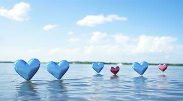 ai gegenereerd blauw harten van valentijnsdag Aan de water tegen lucht achtergrond foto