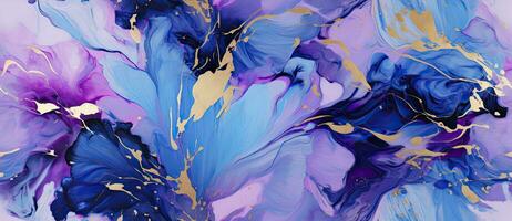 ai gegenereerd blauw, Purper en gouden bloemen marmeren abstract achtergrond foto